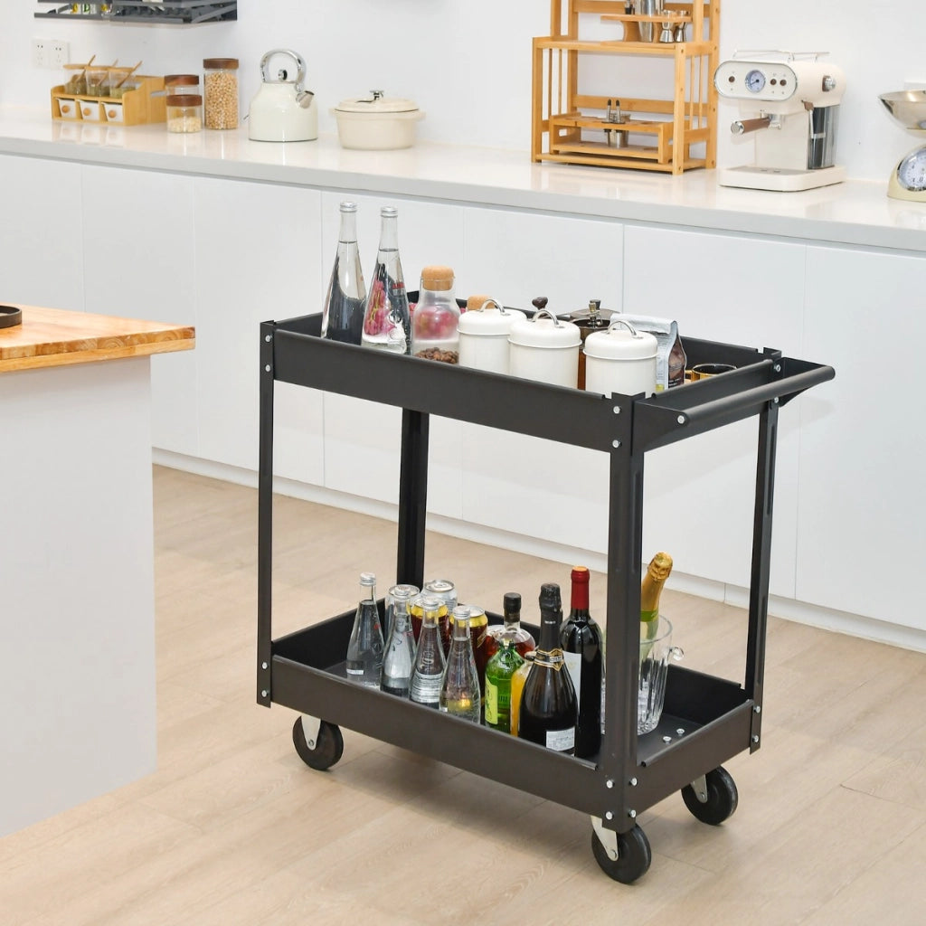 Carrello multiuso a 2 piani con maniglia telaio in metallo, Supporto per utensili portata 50kg da casa garage Nero-Deposito utensili Tool