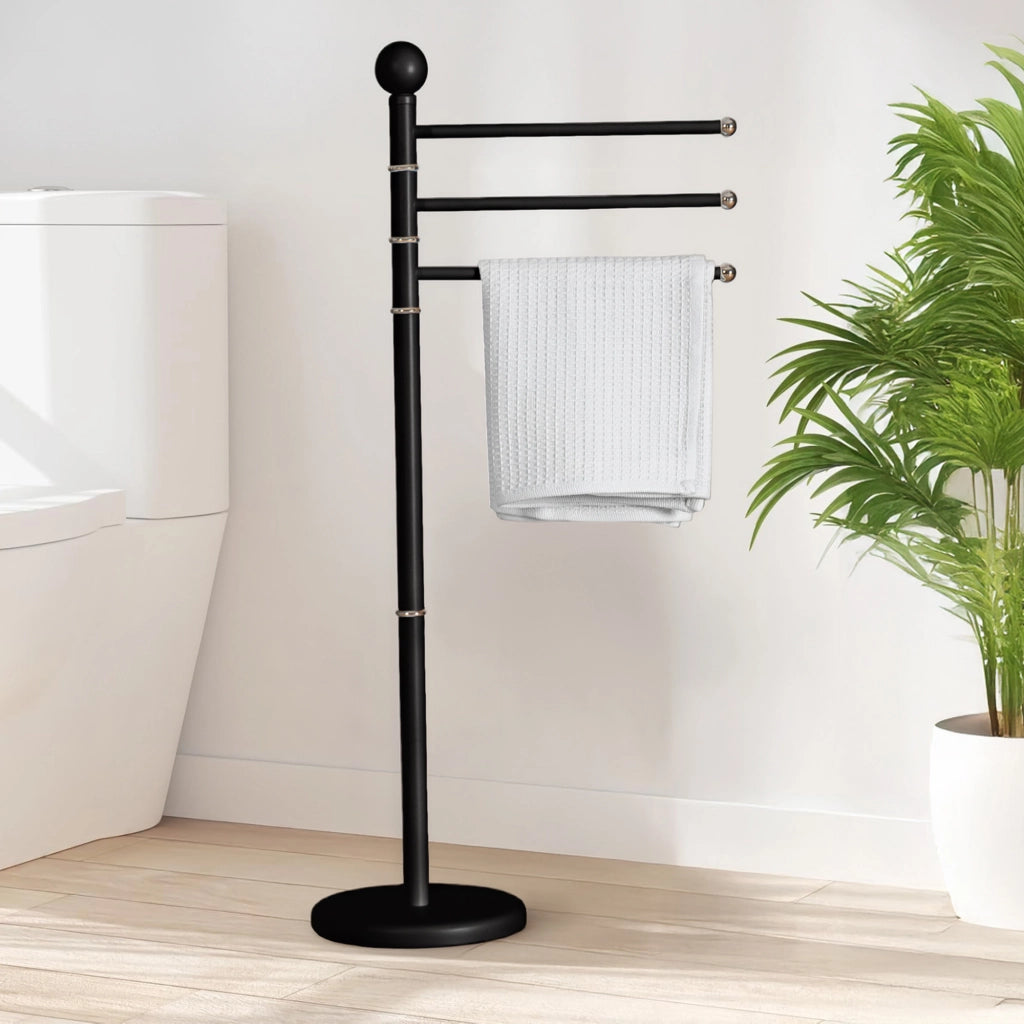 Piantana In Acciaio Inox Porta Asciugamani Da Terra 3 Bracci Girevoli 22x90 Cm Organizer Accessori Bagno Porta Stendi Salviette Bagno Moderno Elegante Stendi Indumenti  Nero