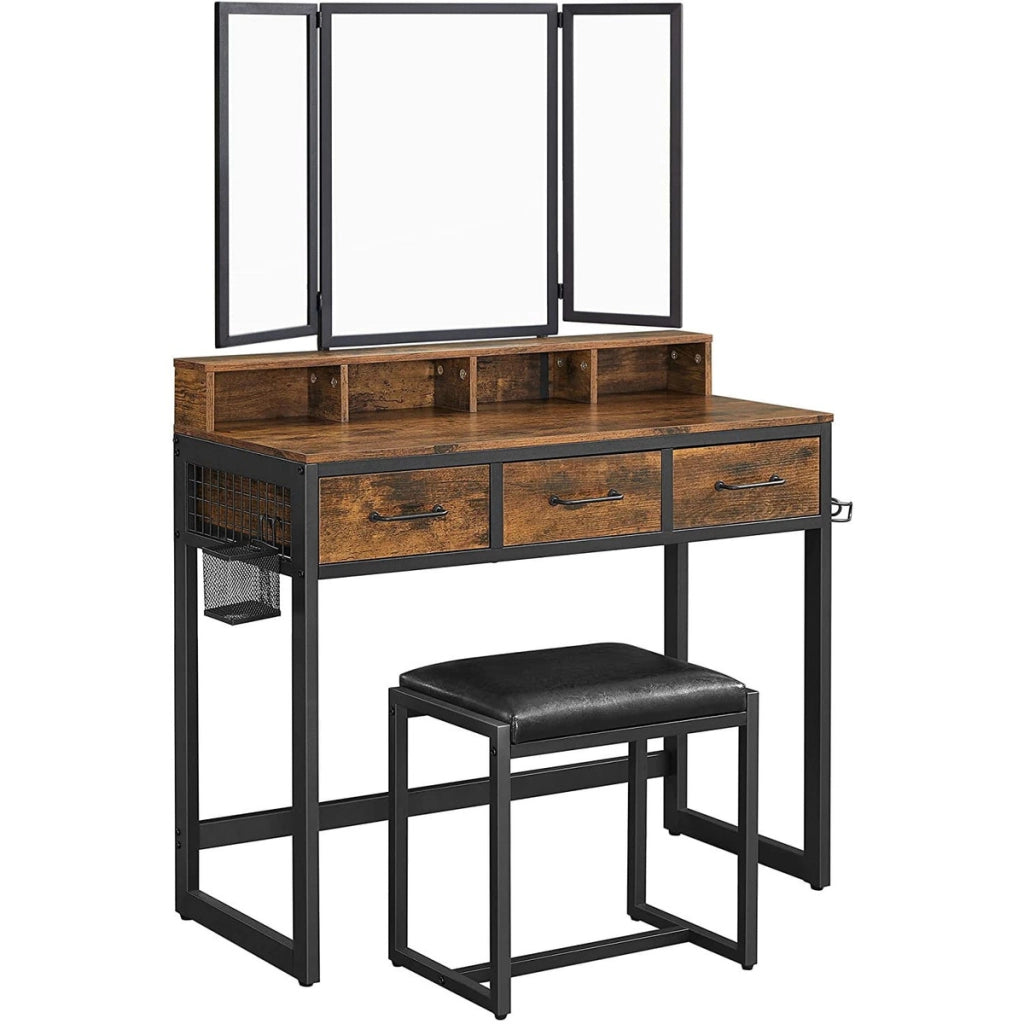 Toeletta industriale rustica con specchio tri-fold e sgabello in ecopelle RVT004B01