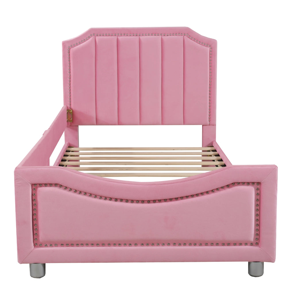 DESMIU Letto per Bambini 1 Posto con Schienale, Braccioli e Struttura Imbottita, 90 × 200 cm, Senza Materasso, Rosa