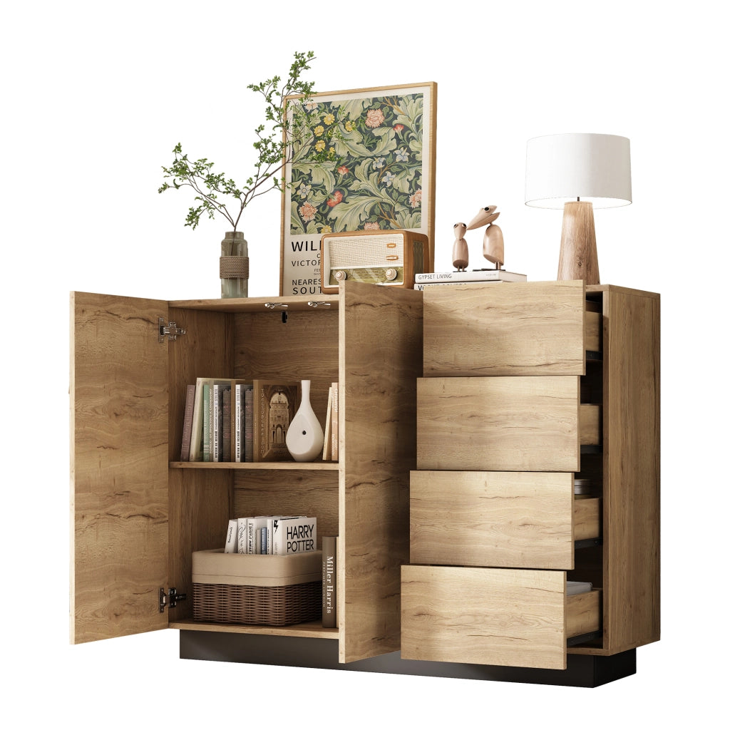 Credenza con 2 Ante e 4 Cassetti; Apertura a Pressione; Stile Moderno; in Pannello Truciolare; 120??35;5??90;5 cm; Nero e Naturale