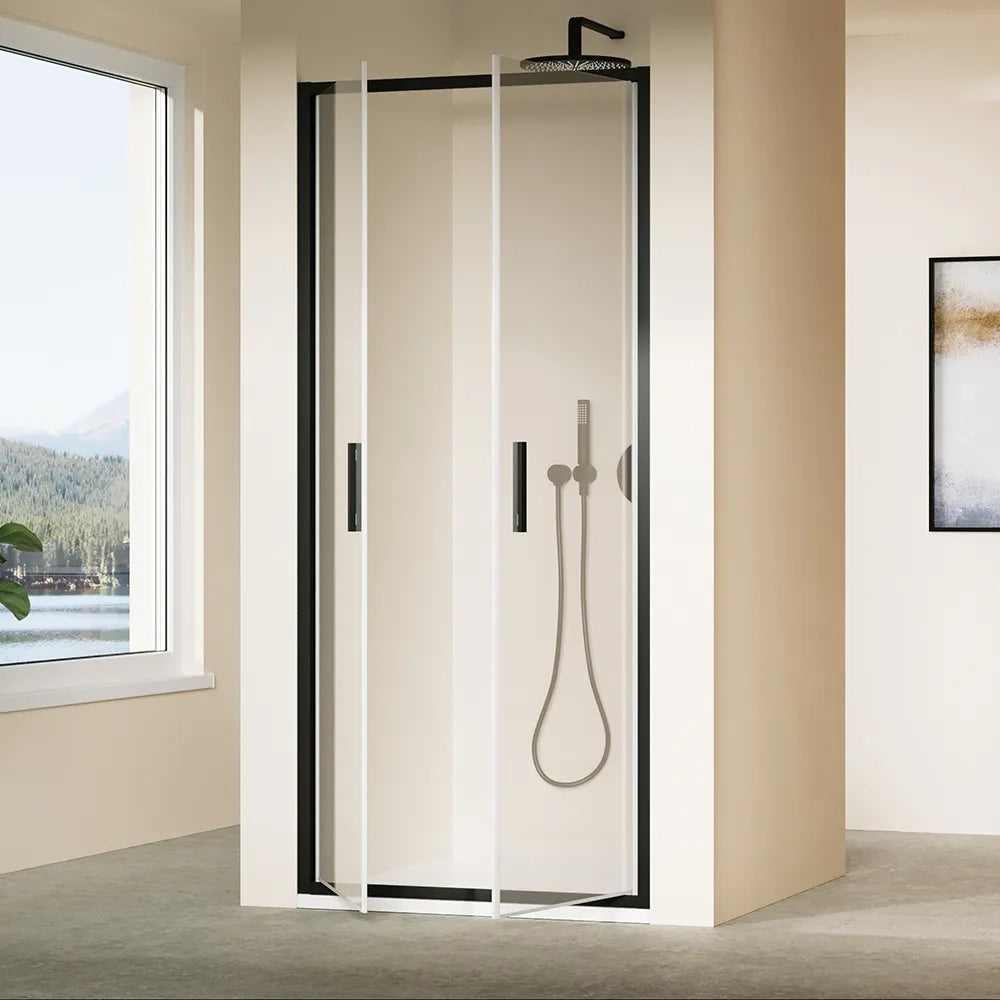 Porta doccia 90cm con apertura saloon profili slim nero opaco vetro 6mm trasparente h190 | Portofino