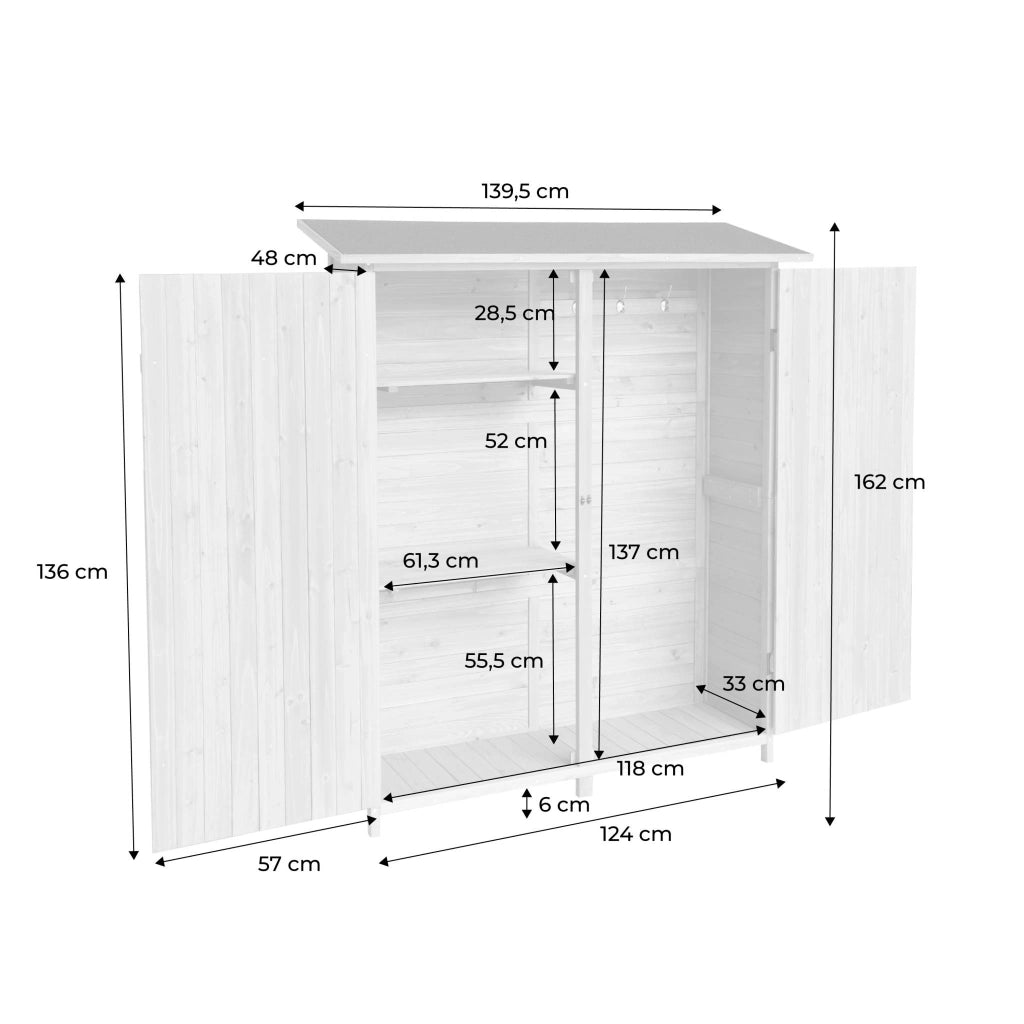 Casetta da giardino in legno d'abete e 4 vani portaoggetti, 140cm,