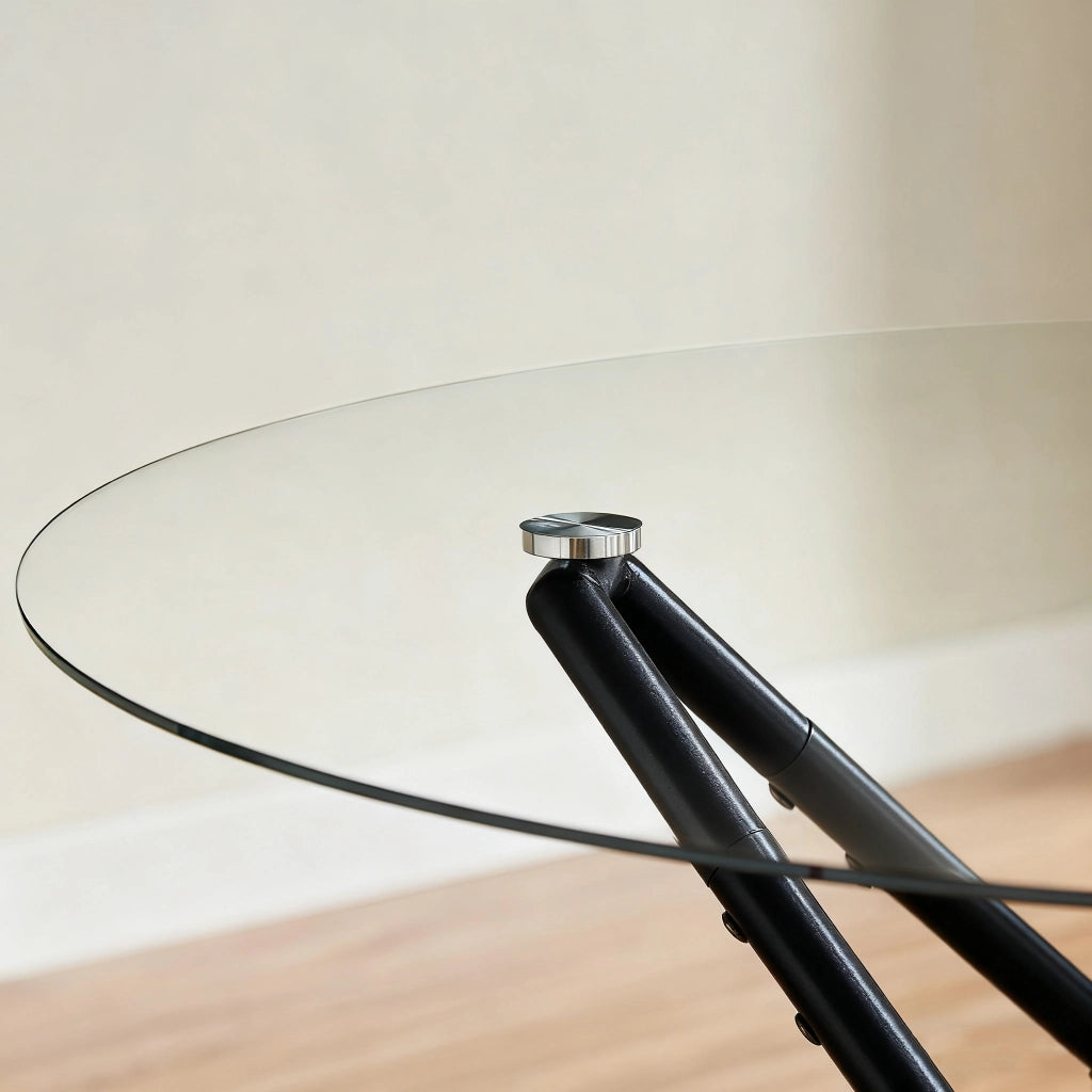 Tavolo da pranzo rotondo in vetro temperato con gambe in metallo per sala da pranzo e soggiorno nero 90 cm
