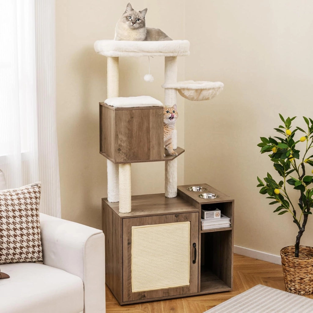 Mobiletto per Lettiera per Gatti, Tiragraffi per Gatti con Posto Graffio in Sisal e Tappetino, Pallina Pendenti, Toilette Nascosta e 2 Ciotole per Cibo, Mobili Moderni per Gattini (Grigio)