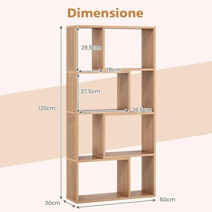 Libreria Geometrica a 4 Ripiani, Organizzatore Moderno con 8 Cubi, Mensola Espositiva a Pavimento, Mobile di Stoccaggio in Legno per Soggiorno Camera da Letto Studio, 60x20x120 cm (Naturale)