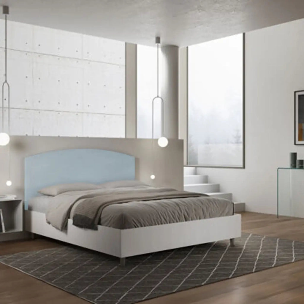 Letto matrimoniale con rete 160x190 bianco frassino testata microfibra azzurro Antilia