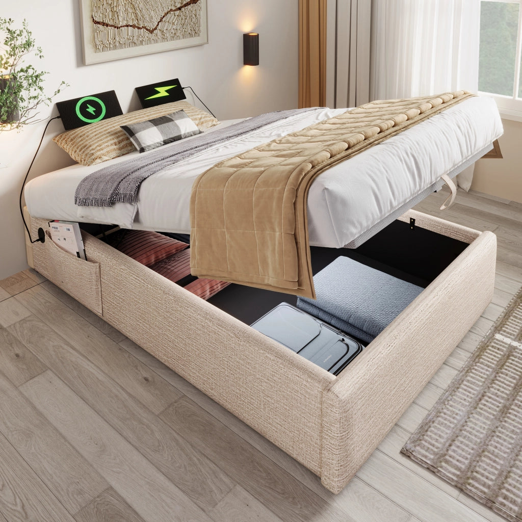 OKWISH Letto contenitore 90×190 cm, Letto Singolo con USB, Type C e contenitore con pistoni, senza Materasso, in Lino, Naturale