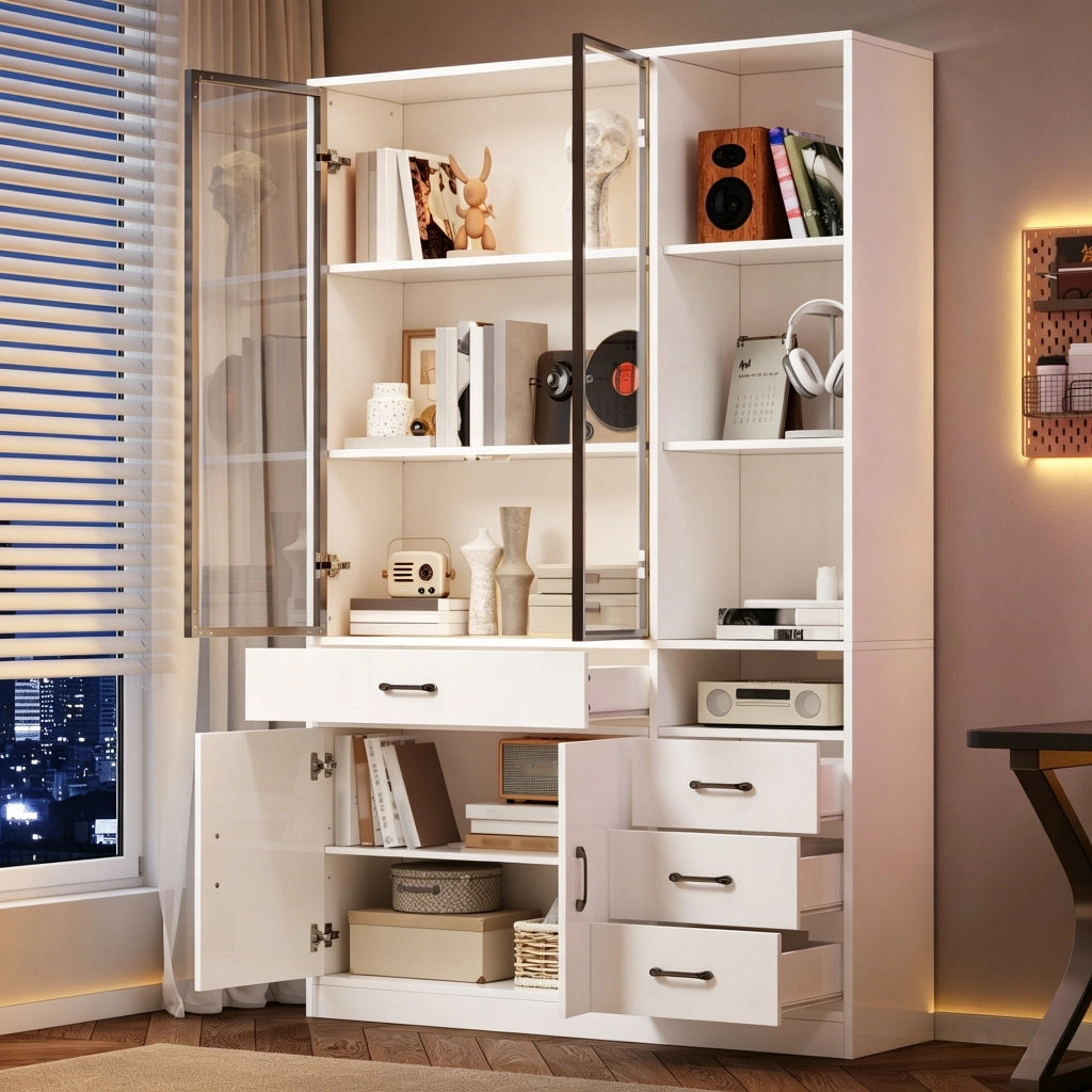 Libreria alta con vetrina in vetro e LED, 4 cassetti e 13 vani, per soggiorno e ufficio, bianco, 120 × 35 × 200 cm