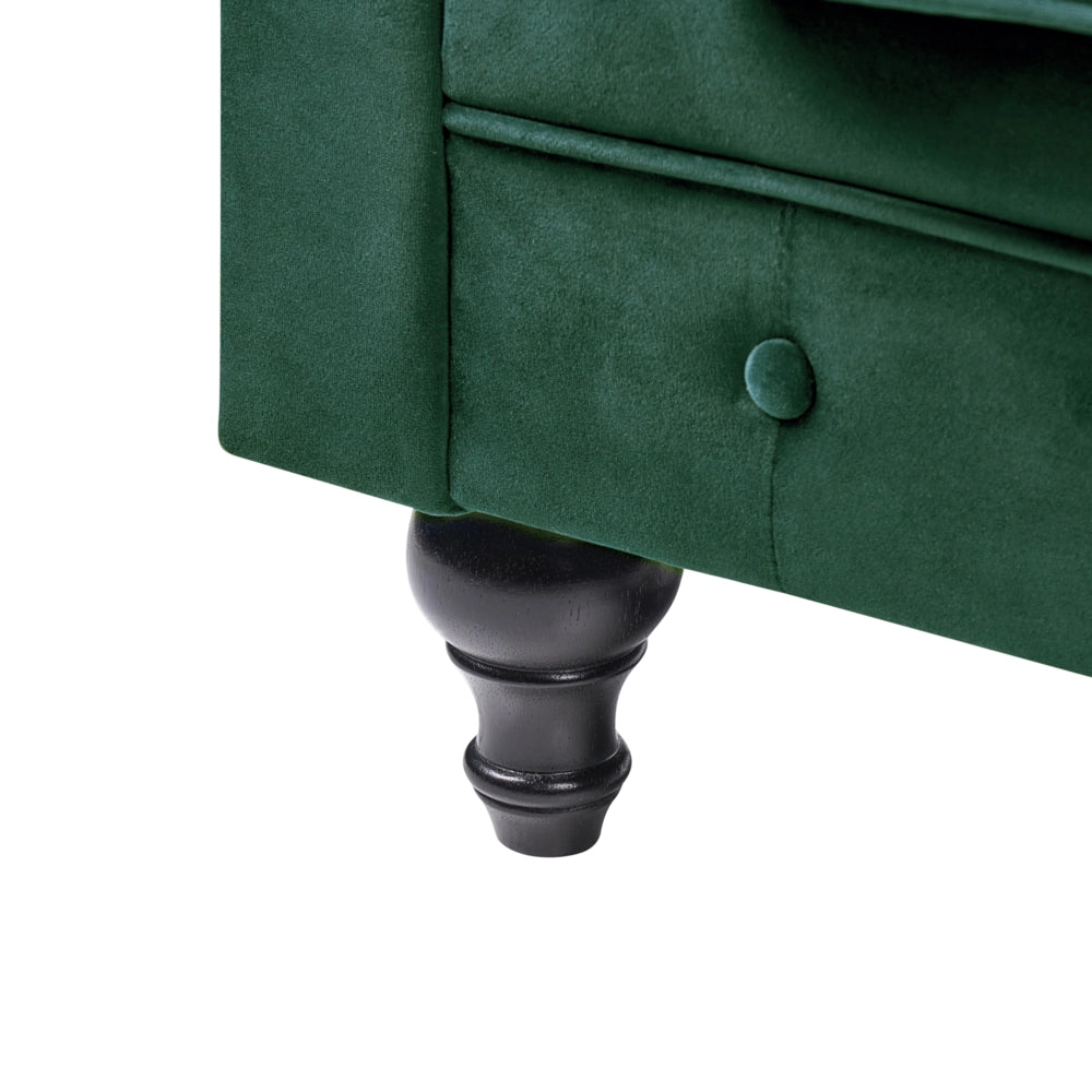 Poltrona Chesterfield Tessuto Velluto Verde Rivestimento Gambe Legno Scuro Contemporaneo
