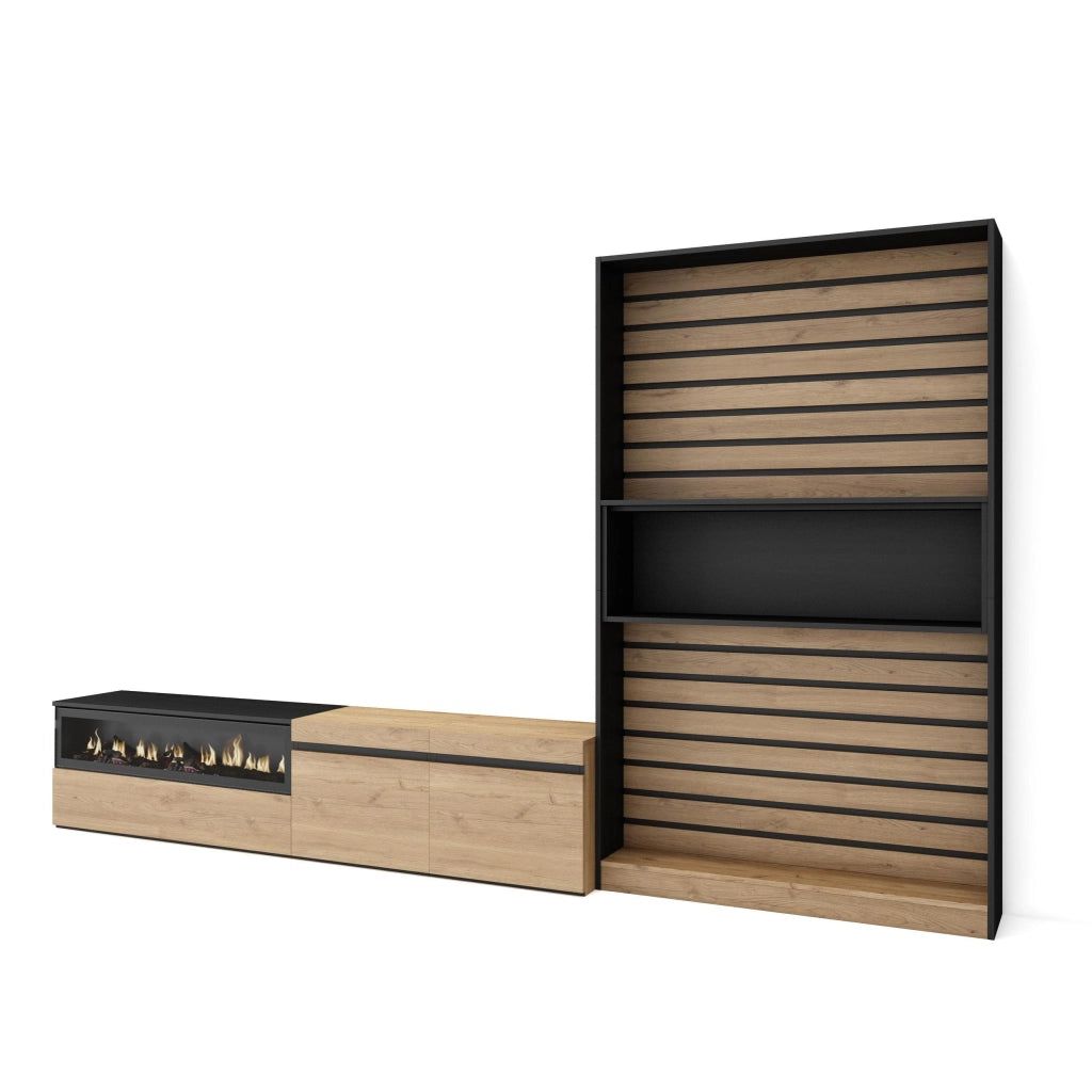 Mobile TV, Soggiorno, 310x35x186cm, Per TV fino a 80", Camino elettrico, colore Rovere e nero RF2865
