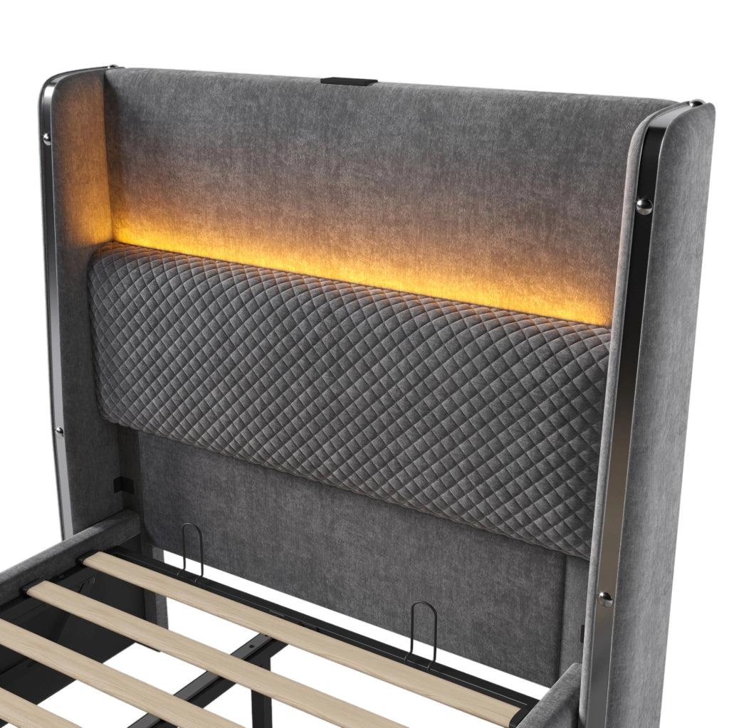 Letto singolo 90x200 cm con contenitore; testiera alta in lino grigio; LED e prese USB Type-C