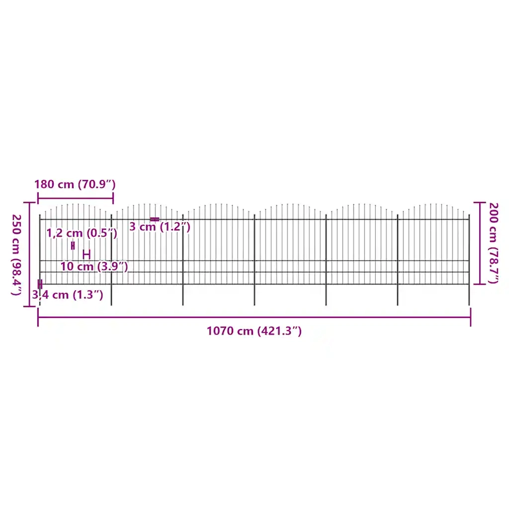 Recinzione da Giardino con Punta a Lancia in Acciaio 1070x200 cm Nera 277753