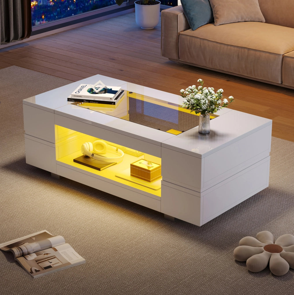 Tavolino da caffè LED bianco 100x50x35 cm con app