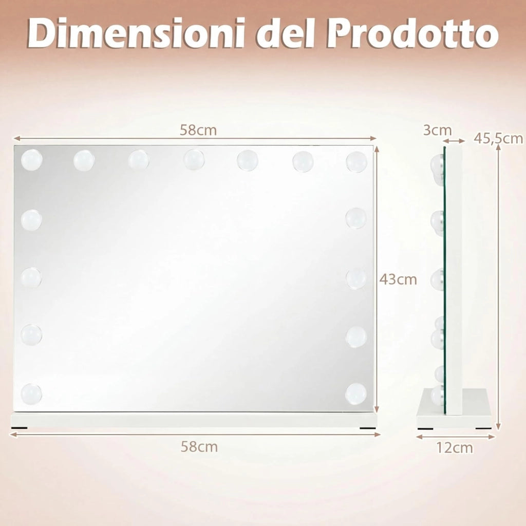 Specchio da Trucco Hollywood con Luci, 58x43cm, Specchio Illuminato da Tavolo con 3 Colori e Luminosità Regolabile, Controllo Tattile per Camera da Letto e Camerino