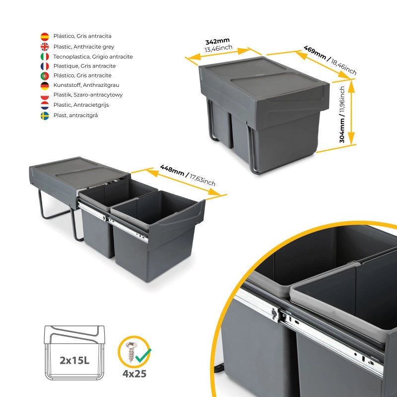 Kit di contenitori per la raccolta differenziata per cassetti da cucina Recycle Altezza Recycle 266 mm, 1x15 lt, 2x7 l..