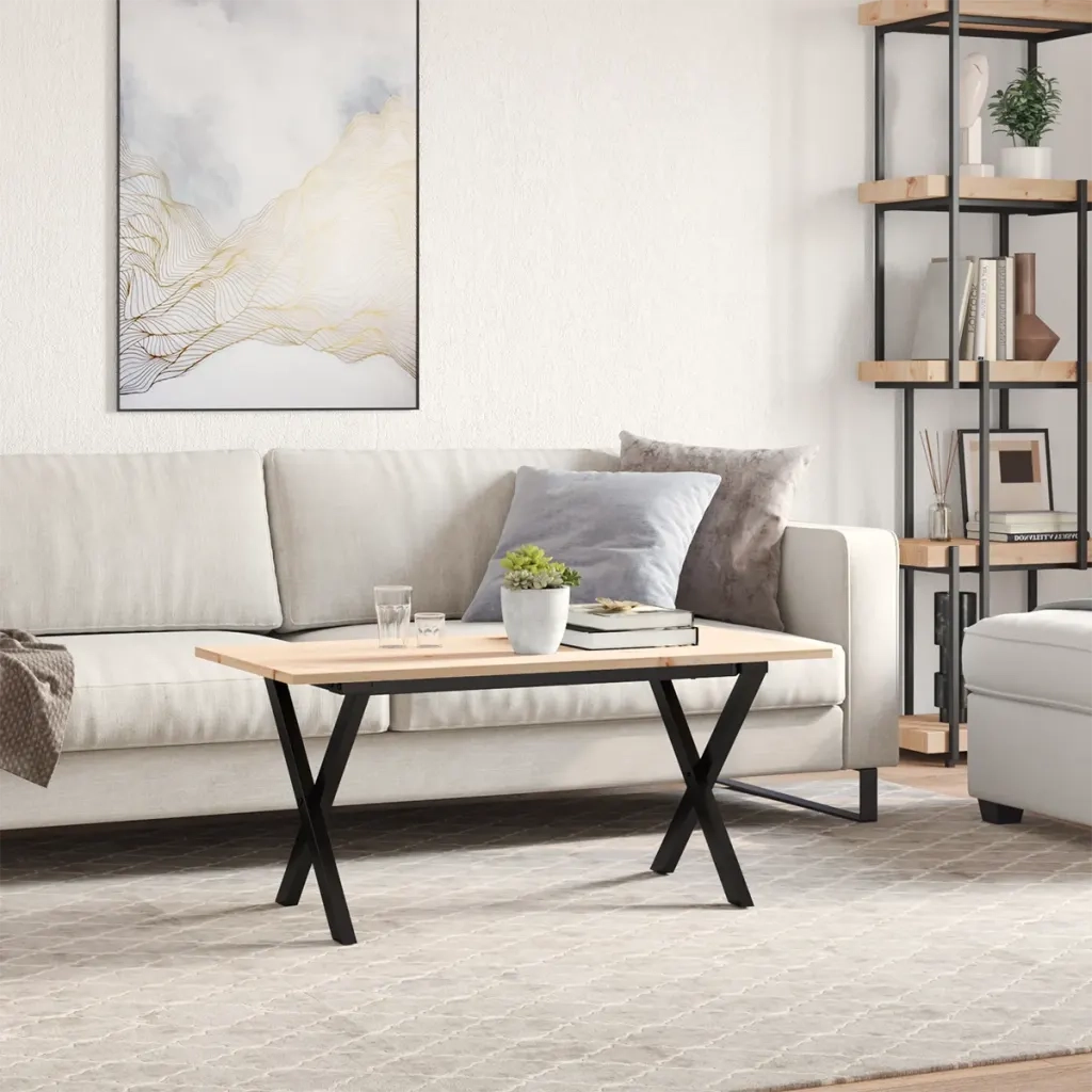 Tavolino da Salotto Telaio a X 90x40x45 cm Legno Pino e Acciaio