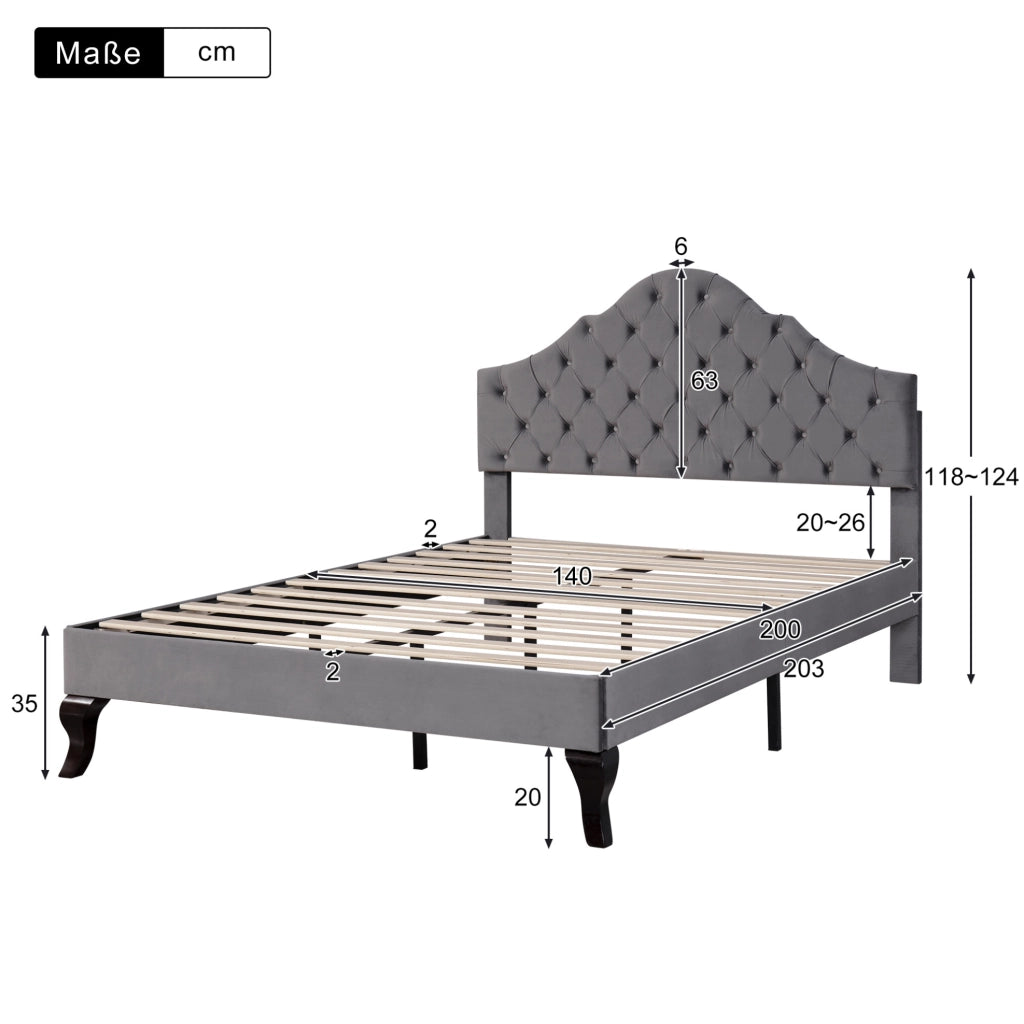 Letto imbottito matrimoniale 140x200 cm in velluto grigio con rete a doghe e testiera