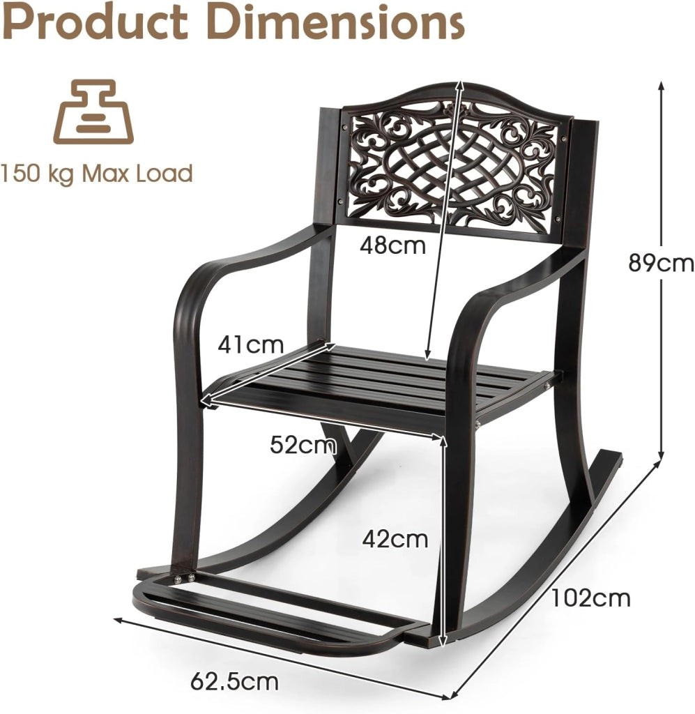 Sedia a dondolo in alluminio pressofuso, sedia a dondolo da giardino con bilanciamento morbido, poltrona da patio con poggiapiedi, schienale alto, carico 150 kg, 91 x 62 x 86 cm