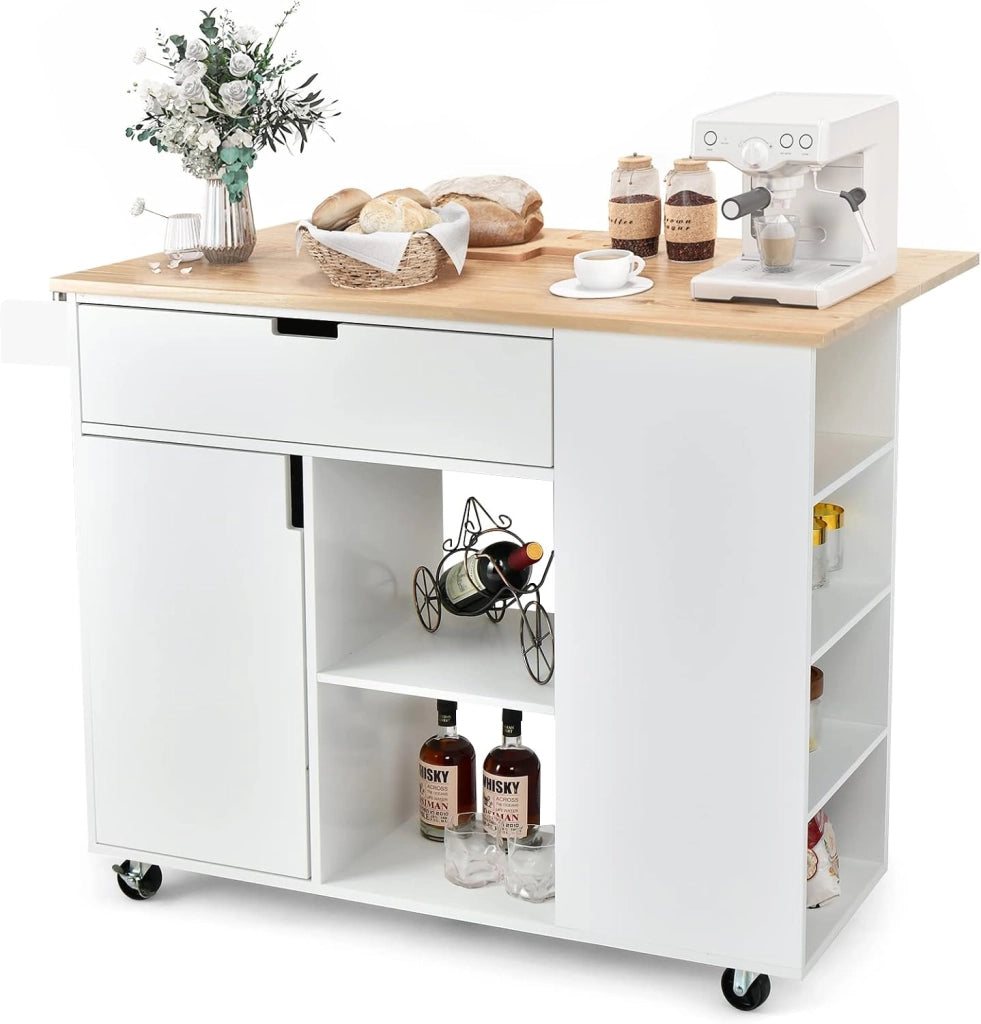 Carrello da cucina con isola, carrelli di servizio rotabili in legno con lama, cassetto, portasciugamani e porta spezie, multiuso con ruote, per cucina e sala da pranzo