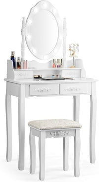 Toeletta Trucco con Specchio Girevole, 10 Luci LED, Luminosità Regolabile, Postazione Trucco con Sgabello e 4 Cassetti, Tavolo da Trucco Scrivania Camera da Letto, 146x75x40cm (Bianco)