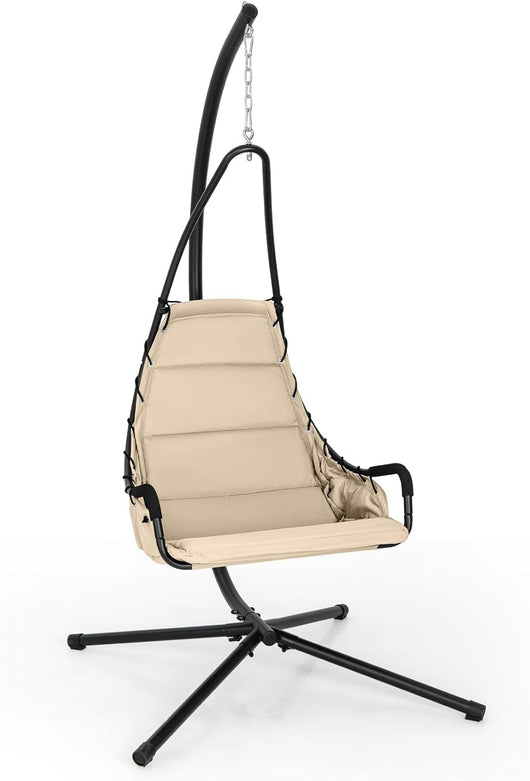 Sedia Sospesa con Supporto in Metallo, Sedia a Dondolo con Sedile Imbottito, Telaio in Metallo Robusto, Sedia a Dondolo per Portico, Giardino, Soggiorno, Portata 120 kg (Beige)