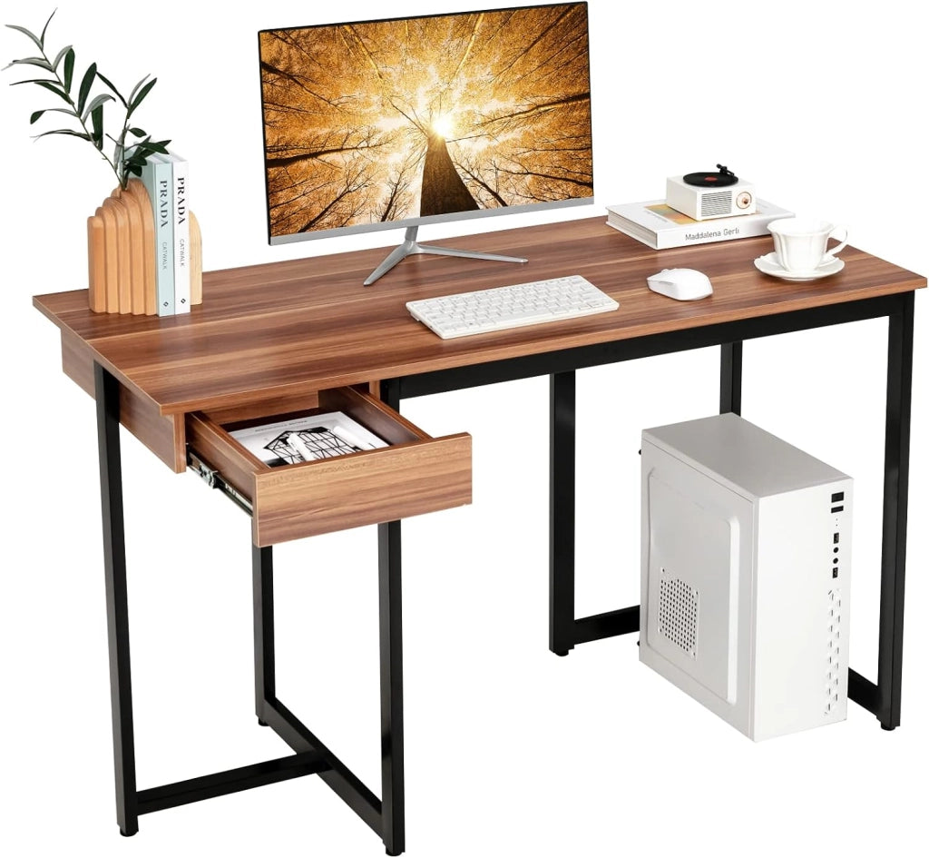 Scrivania per Computer con Cassetto, Scrivania per Ufficio con Struttura in Metallo, Ampio Piano 120 x 55 cm e Piedini Regolabili, 120 x 55 x 75 cm (Marrone Rustico)