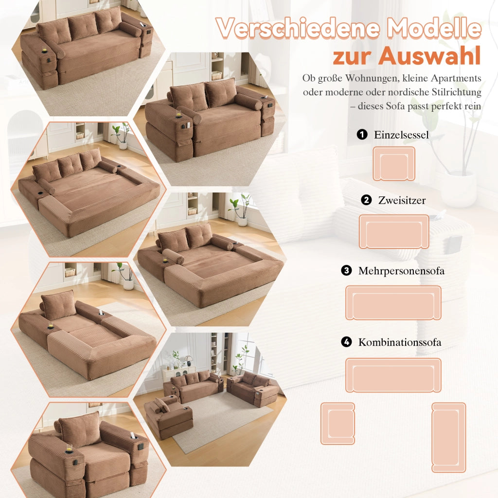 Divano letto modulare in velluto a coste marrone con tasche portabevande e cuscini memory 232 × 98 × 80 cm