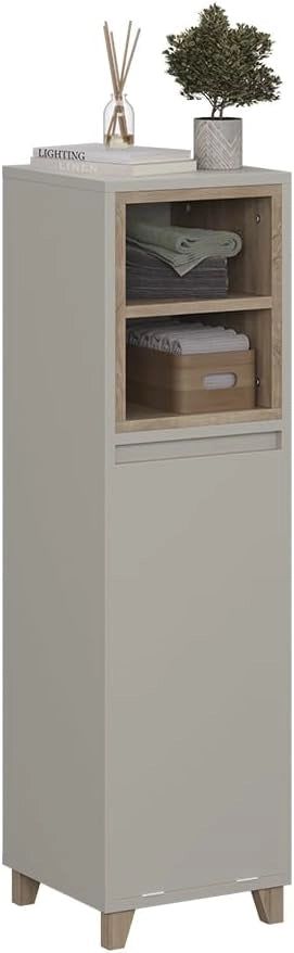 mobiletto bagno Elnor, Greige/Rovere, 30 x 105.2 cm con cesto portabiancheria pieghevole