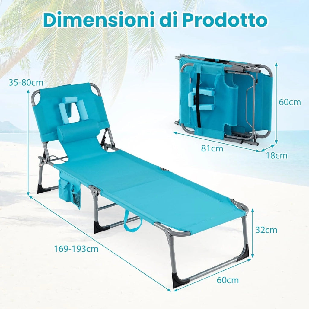 Lettino Prendisole da Spiaggia, Sdraio Mare Pieghevole Portatile con Foro per Viso e Braccia, Cuscino e Tasche Laterali, Schienale Regolabile 4 Posizioni, Portata 150 kg (Turchese)