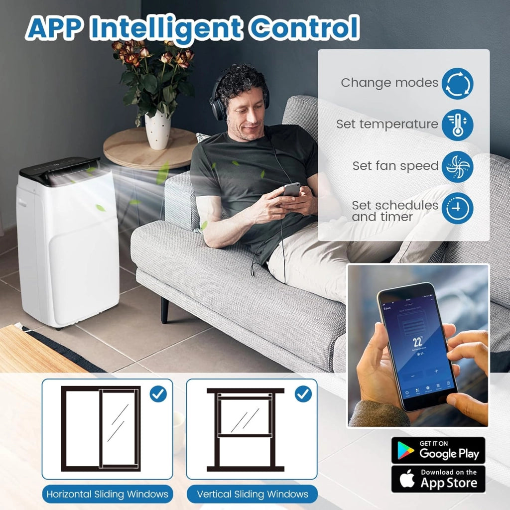 Condizionatore Portatile con Evacuazione, Climatizzatore Portatile 4 in 1 Ventilatore & Deumidificatore & Raffreddatore & Riscaldamento, 3 Modalità di Controllo Intelligente, Timer (14000BTU)