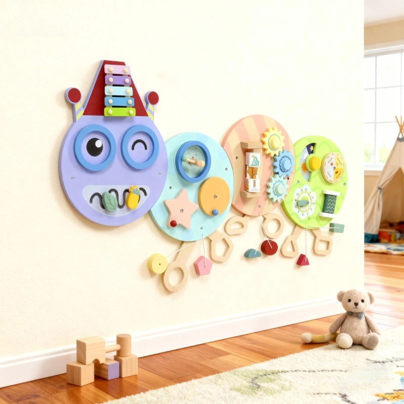 Giocattolo da parete 7 in 1, xilofono, ingranaggi, design a bruco, MDF, 108 cm, colorato