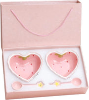Set di Dessertkom con Cucchiaio Cuore di Fragola - Keramica Rosa - Set a 2 pezzi - Per Insalata - Opzione Carina e Bella per Temperatura Alta