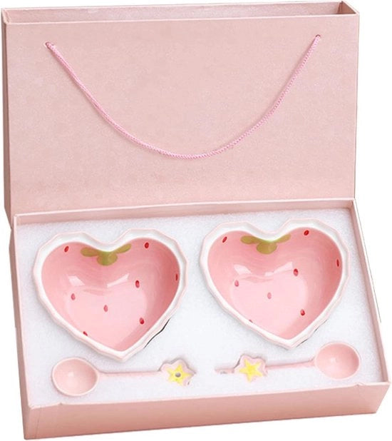 Set di Dessertkom con Cucchiaio Cuore di Fragola - Keramica Rosa - Set a 2 pezzi - Per Insalata - Opzione Carina e Bella per Temperatura Alta