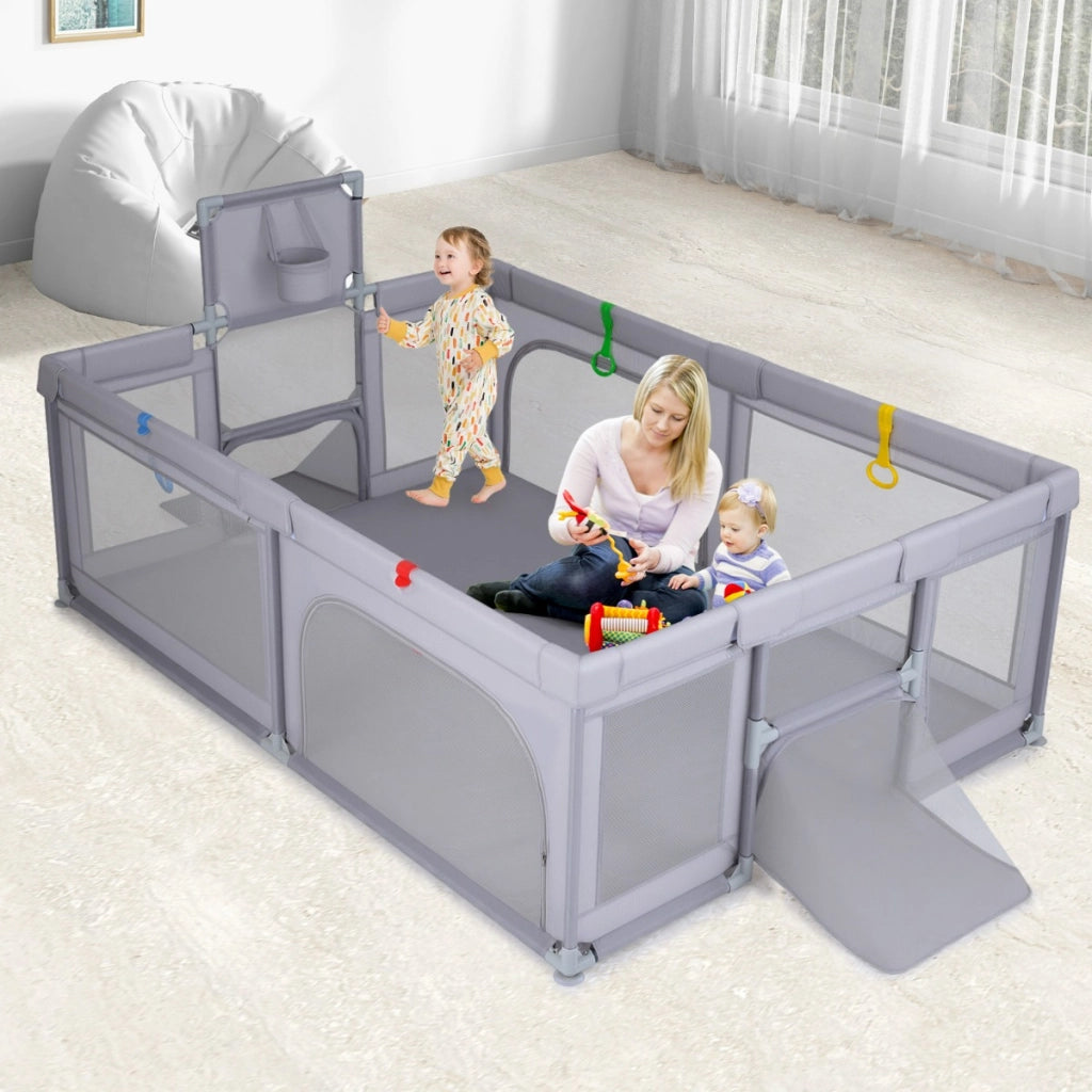Area giochi sicura con canestro da basket e palline oceaniche-Recinto giochi grande per bambini Grigio chiaro