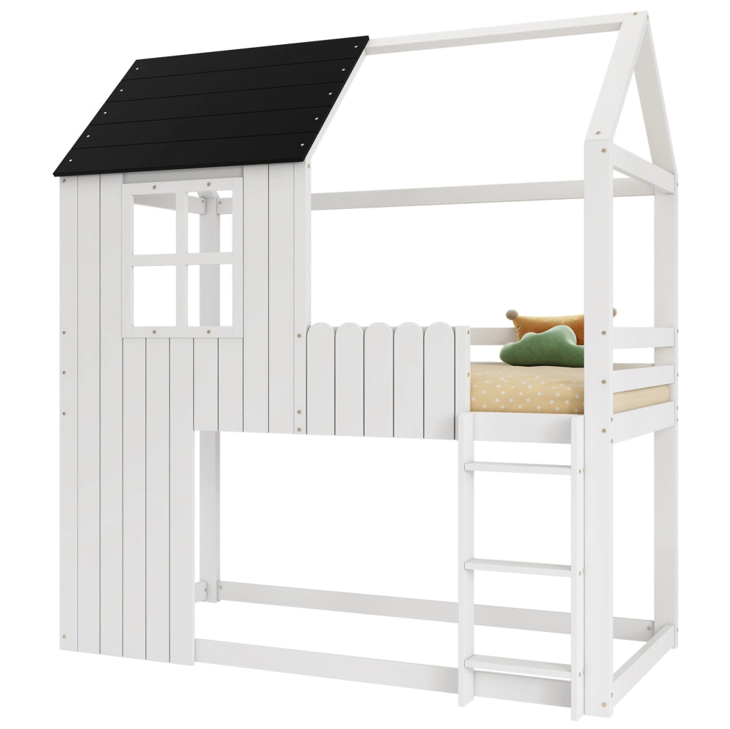 Letto a soppalco 90x200 cm con scala a 3 gradini e spazio sottostante in legno bianco e nero
