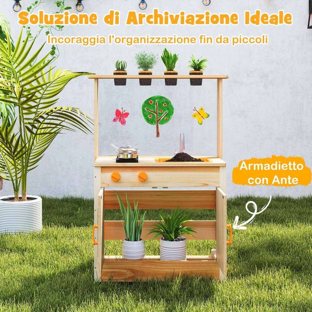 Cucina Giocattolo per Giardino con Lavagna Acrilica per Dipingere, Cucina in Legno di Abete per Bambini con 4 Vasi da Giardinaggio, Set Cucina con Accessori, 68 x 34 x 93 cm
