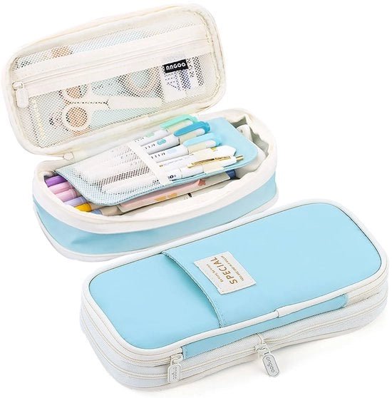 Etui per ragazze e adolescenti con grande capacità, etui per libri di scuola, etui estetico, etui con chiusura a raccatto per scuola e ufficio, colore azzurastro chiaro