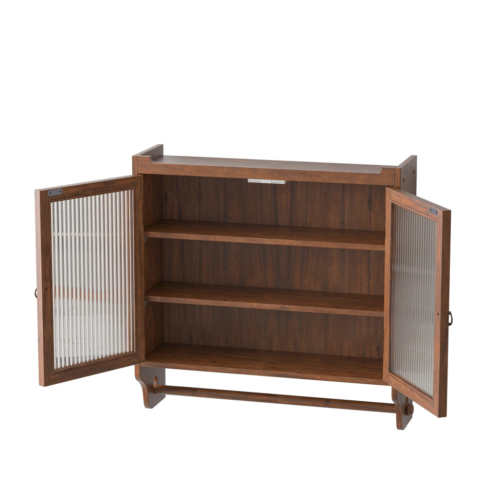 Pensile da Parete con 2 Ante in Vetro e 3 Ripiani; Porta Asciugamani; Stile Vintage; in Legno Massello e MDF; 63×60×18 cm; Marrone