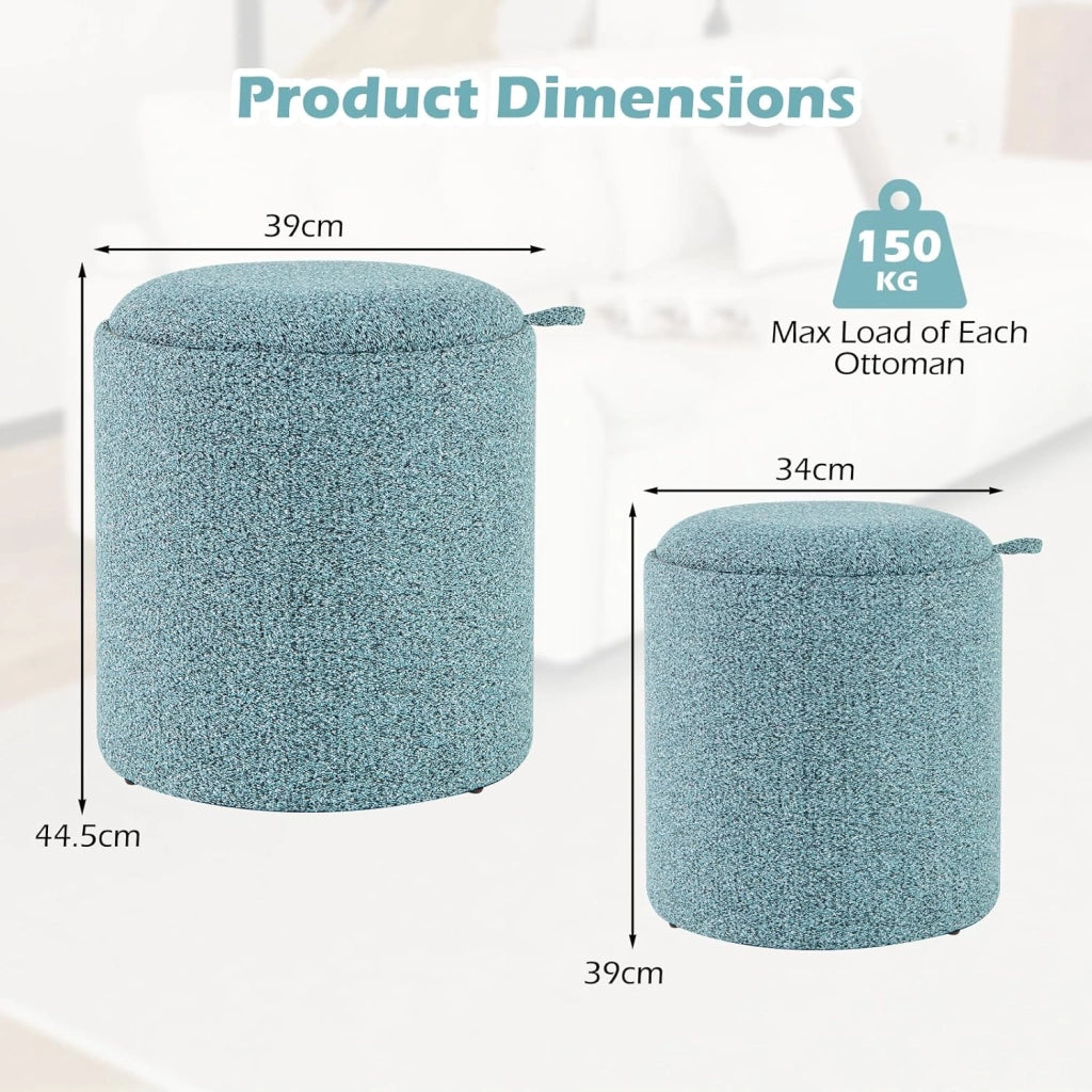 Set di 2 pouf con vano portaoggetti, sgabello rotondo con vassoio/coperchio reversibile, pouf imbottito in tessuto, poggiapiedi con manici laterali, sgabello multifunzione blu cielo