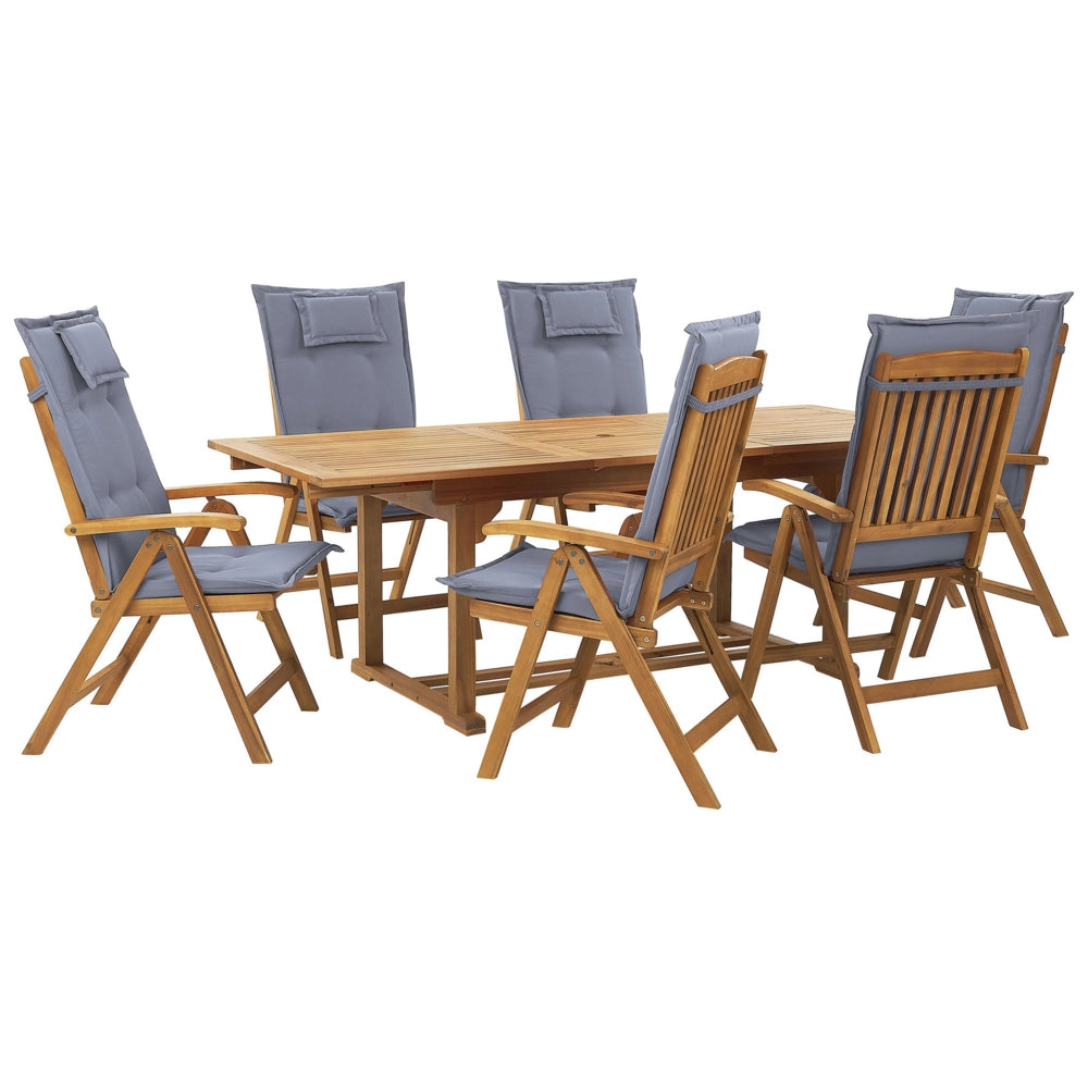 Set da pranzo da giardino in legno di acacia con cuscini blu Sedie pieghevoli regolabili a 6 posti in stile country per esterni