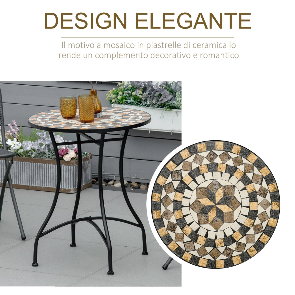 Tavolo da Giardino Rotondo in Metallo e Mosaico per Esterno e Interno, §¶60x71cm, Nero