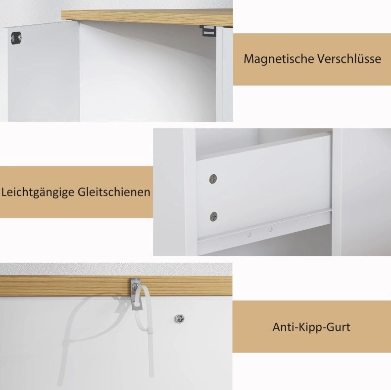 Credenza bianca 120 cm con cassetto, ante e vani aperti