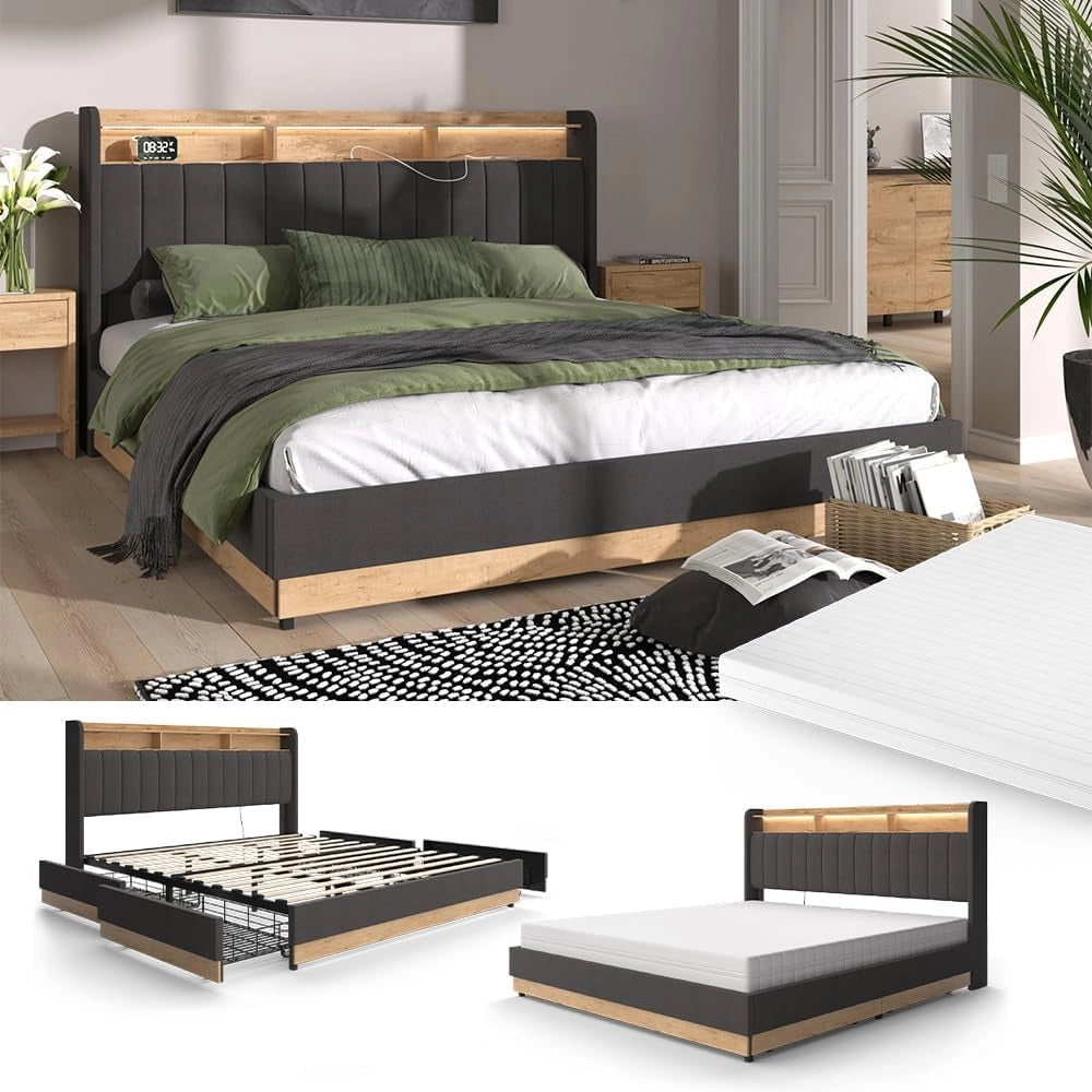Letto imbottito Nura, Antracite, 180x200 cm con materasso, con porta di ricarica USB, illuminazione LED e telecomando