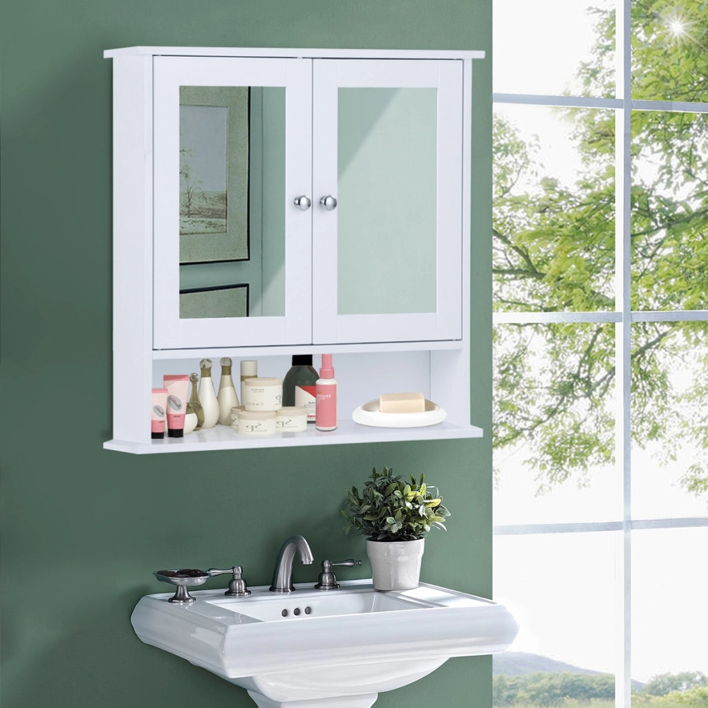Armadietto a specchio da parete con doppia ante da bagno a 3 ripiani 56,5x13,5x58,5cm Bianco-Armadi da parete