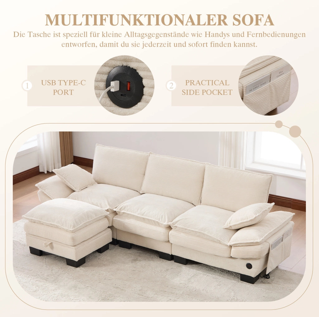 Divano modulare 3 posti con pouf contenitore in corduroy beige; 260 cm; con USB-C