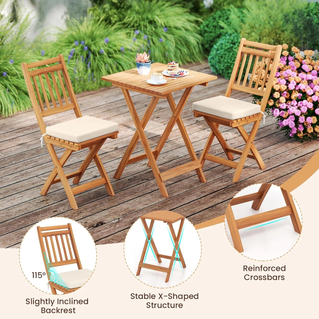 Mobili da balcone piccolo balcone, tavolo da bistrot con 2 sedie, set di mobili da giardino in legno pieghevole, set da balcone per esterni, per 2 persone, set da giardino con cuscino