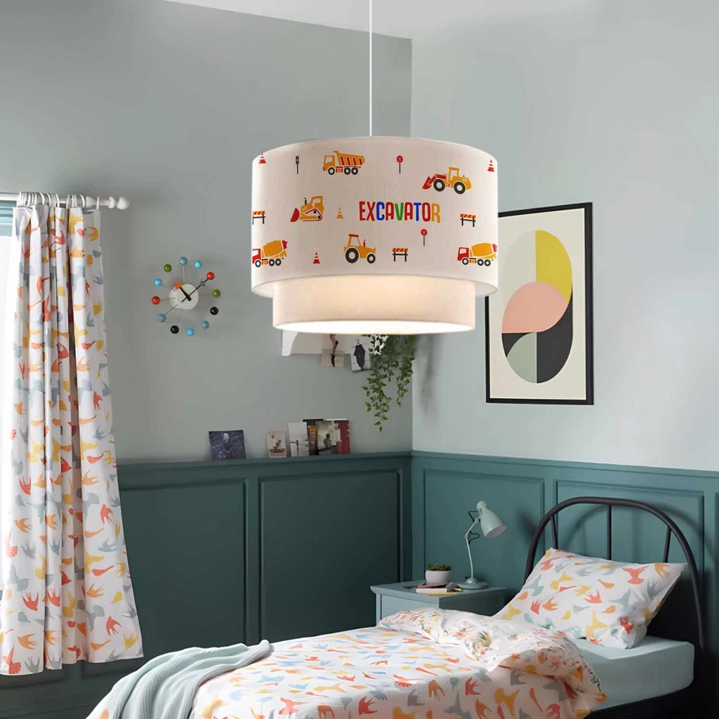 Lampada a Sospensione Lurgan per Cameretta Decorato con Veicoli da Lavoro - Bianco lux.pro