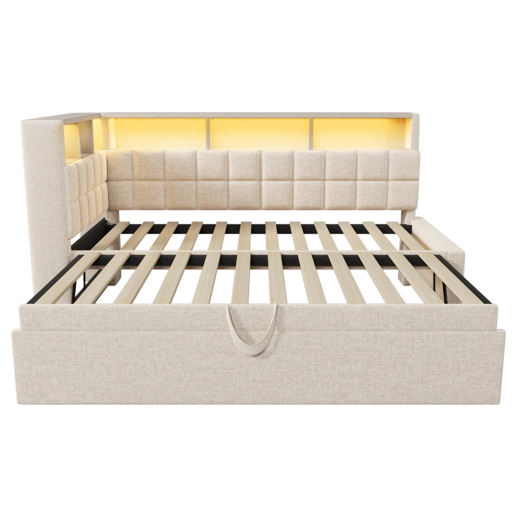 Letto imbottito con letto estraibile 90x200 cm; LED; Bluetooth; USB e Type-C; beige