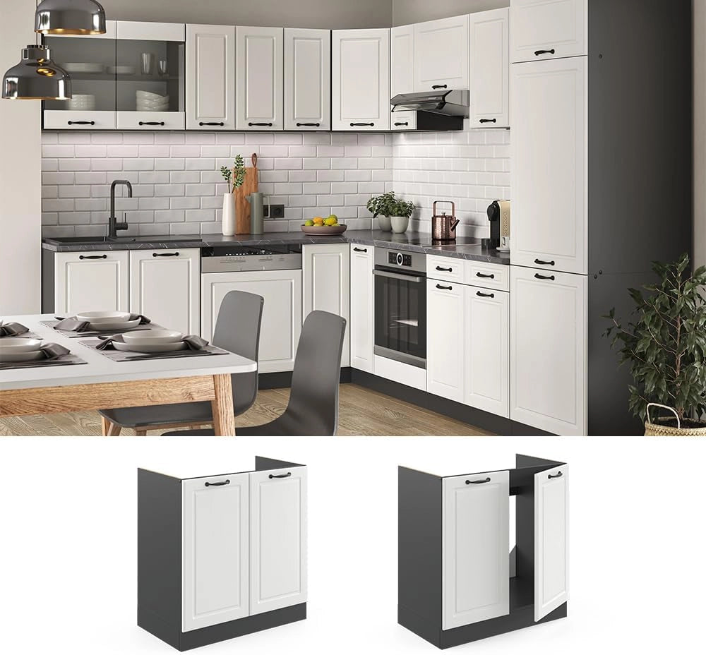 Mobile lavello cucina R-Line, Bianco casa di campagna, 80 cm senza piano di lavoro, per la libera combinazione all'interno di sistemi cucina modulari